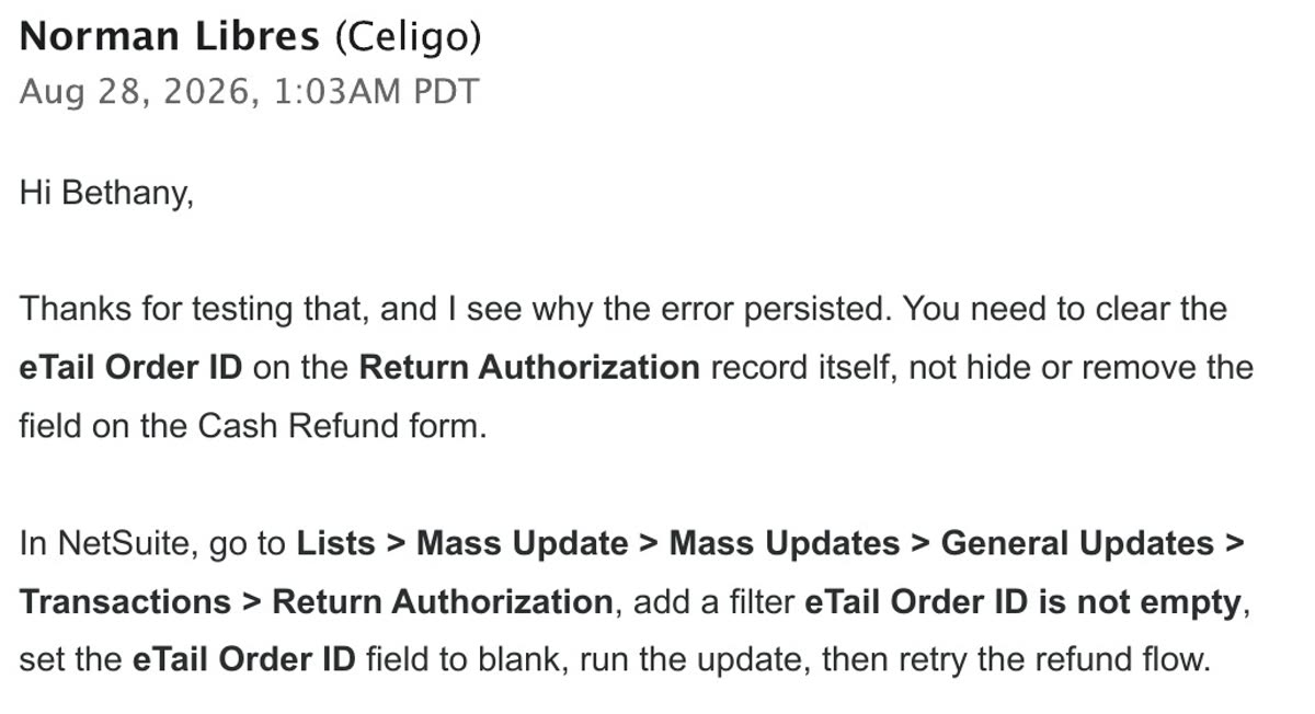 Celigo support email of 28 August correcting where the eTail Order ID must be cleared