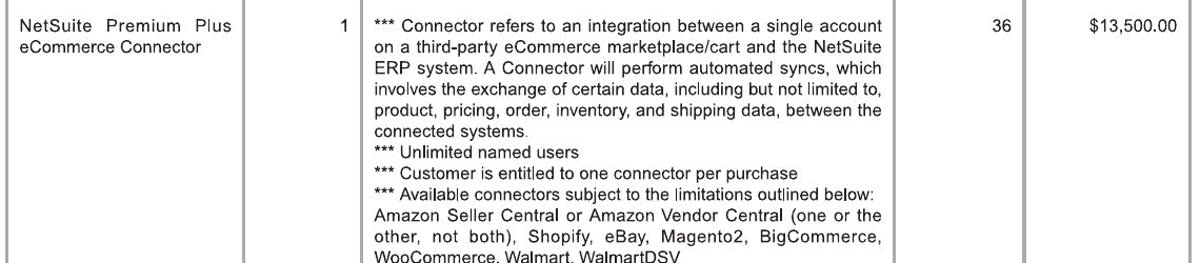 Order form line item: NetSuite Premium Plus eCommerce Connector, quantity 1, 36 months, $13,500.00