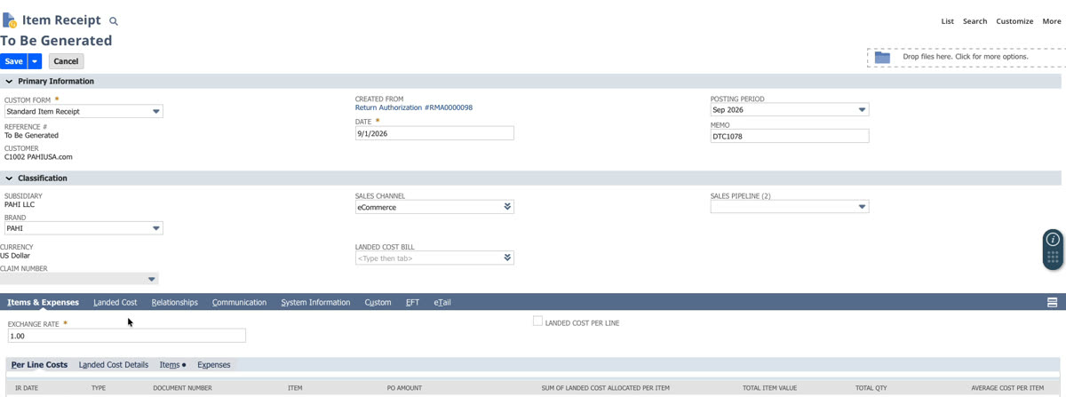 NetSuite item receipt generated from return authorization RMA0000098 for DTC1078