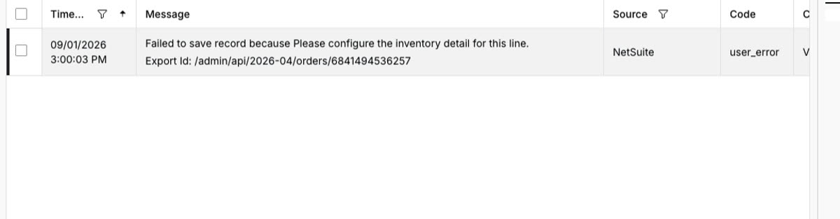 Celigo error panel showing the inventory detail failure on return DTC1078